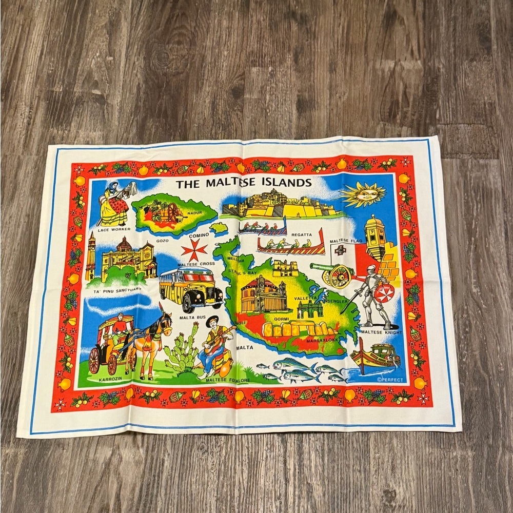 Vintage Cloth Linen Tea Towel Maltese Islands Map Souvenir - Picture 1 of 4